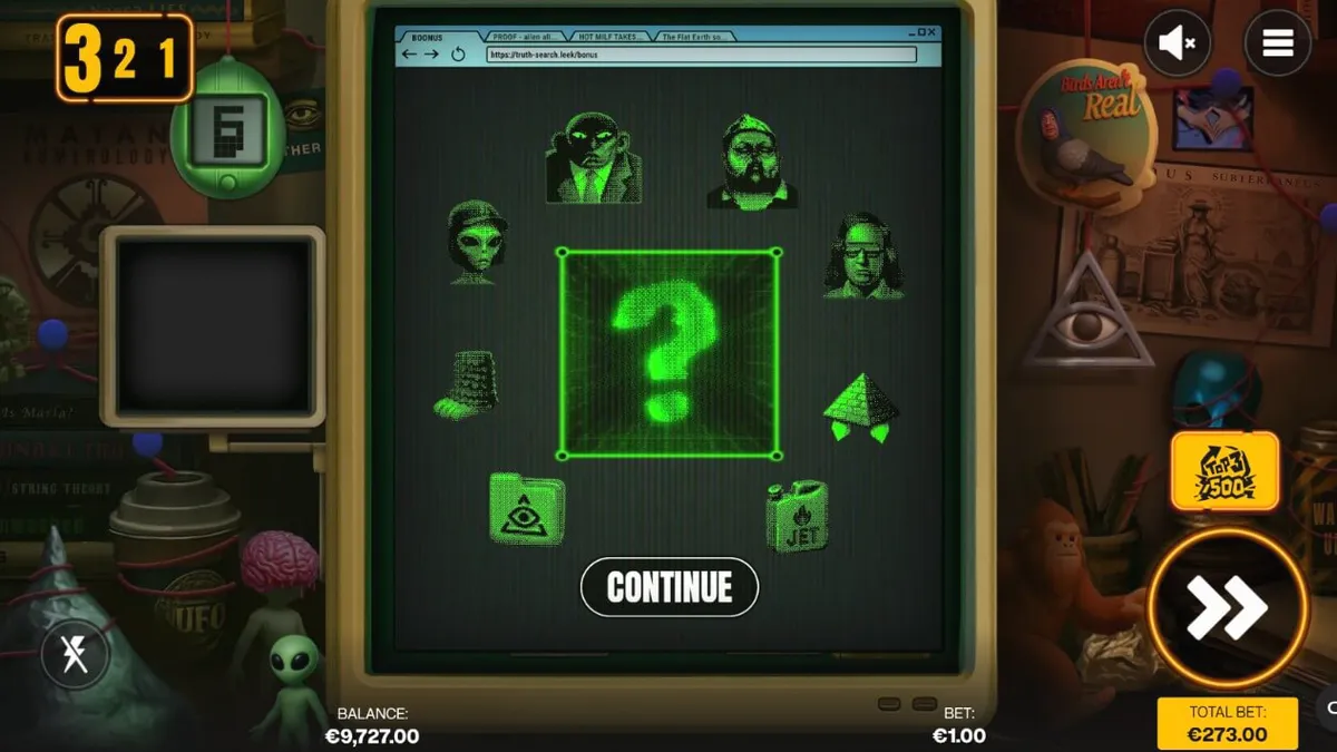Tampilan layar mesin slot bertema konspirasi Truth dengan elemen retro 90-an.
