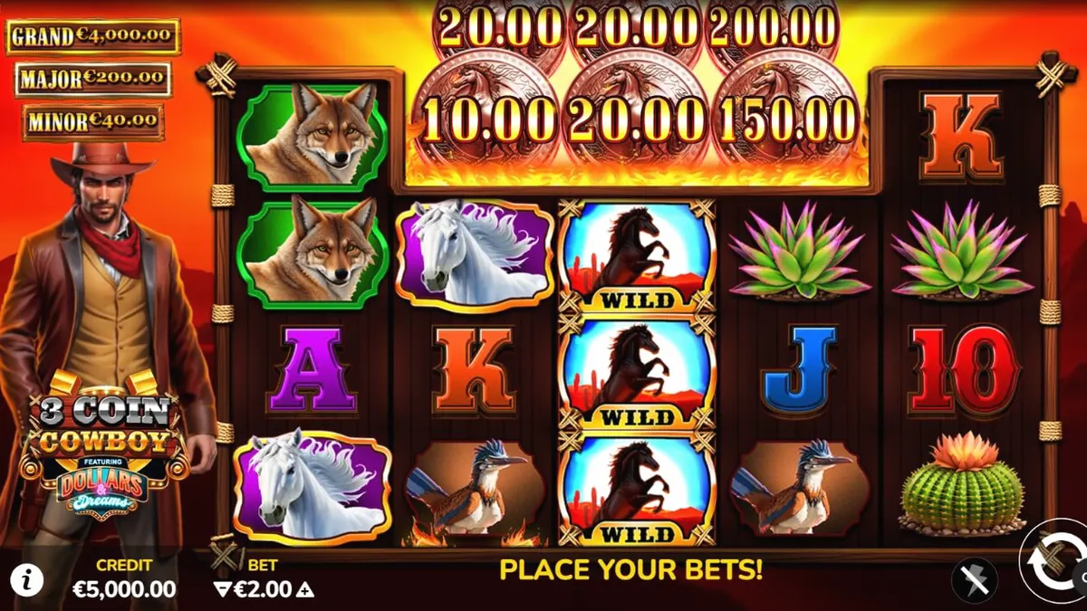 Tampilan antarmuka seluler slot 3 Coin Cowboy Dollars & Dreams dengan latar belakang Wild West